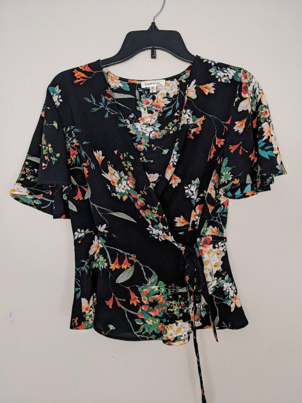 Monteau Black Floral Wrap Blouse Sz L